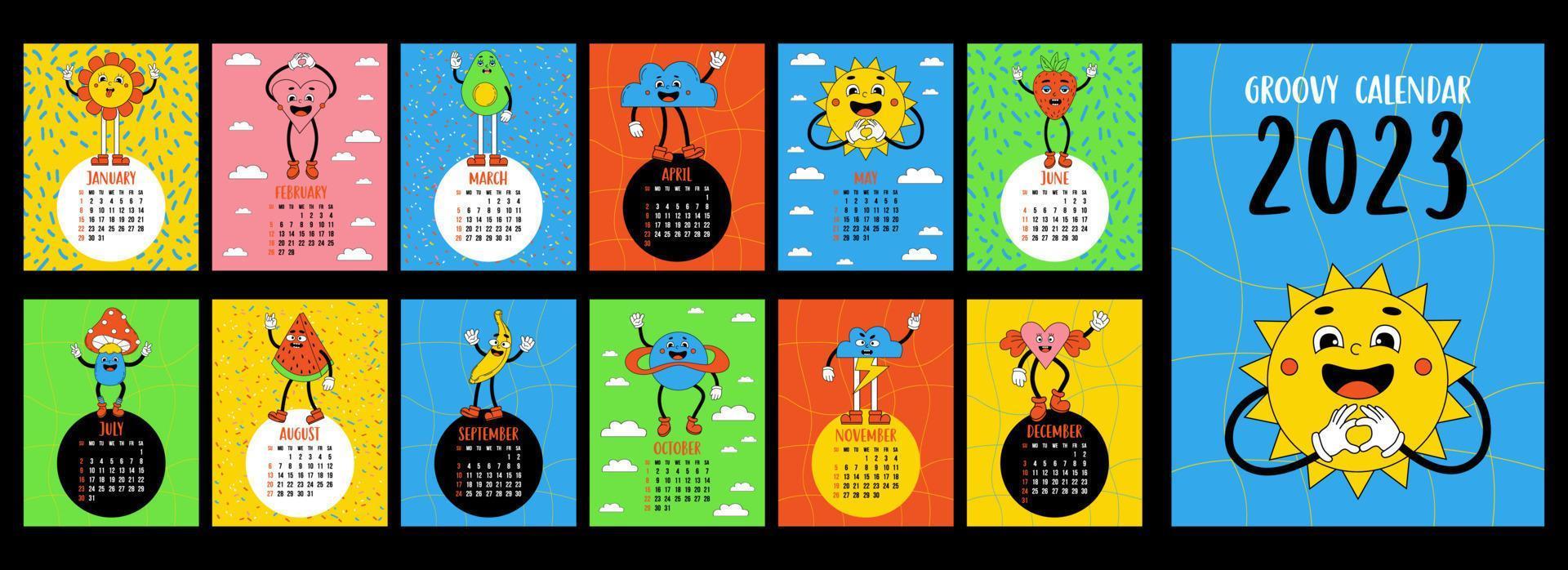 Retro calendar template 2023 with groovy style. Cartoon funny comic characters flower power, sun, heart with gloved hands and feet. Vector. Vertical set 12 pages and cover. English. Week from sunday. vector