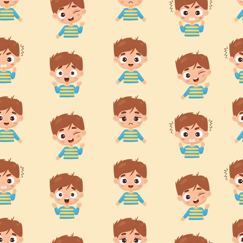 Seamless childrens pattern. Cute fair-skinned boy in cartoon style with different emotions - joy, happiness, anger and tears on light yellow background. Vector illustration. Cute kids collection.