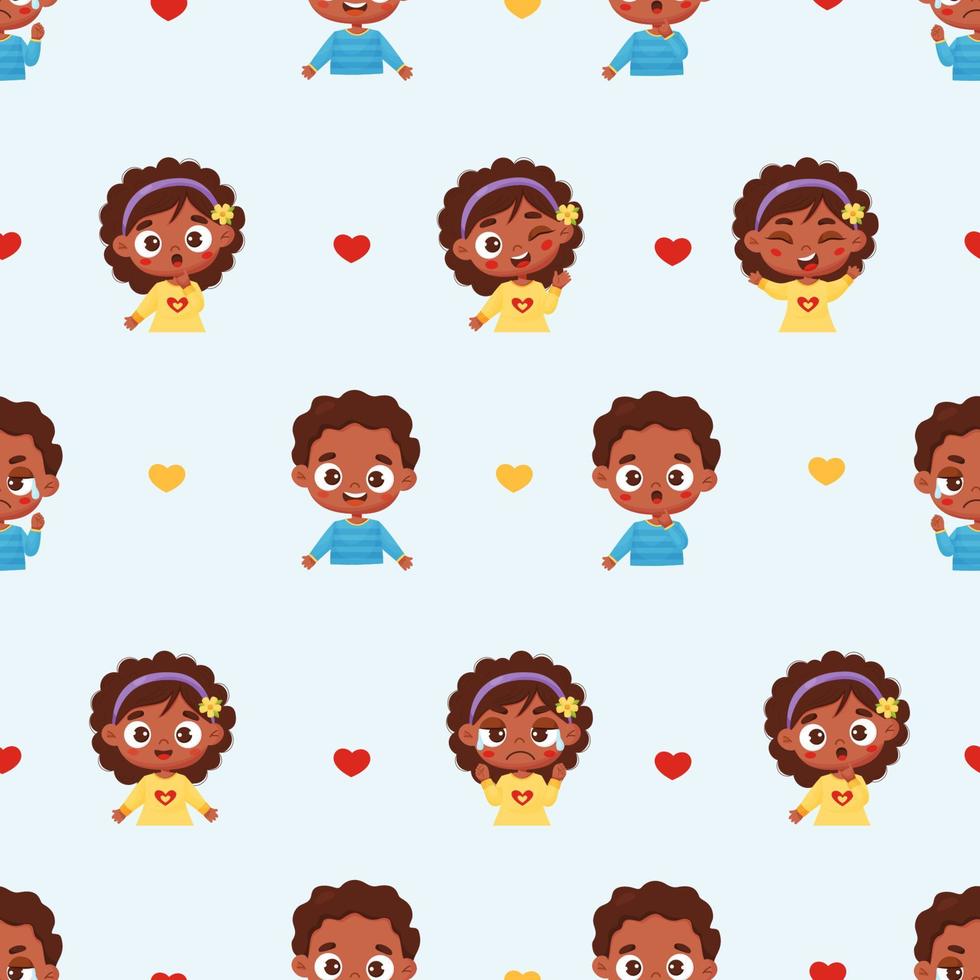 Seamless childrens pattern. Cute black boy and girl in flat cartoon style with different emotions - joy, happiness, anger and tears on light blue background. Vector illustration. Cute kids collection.