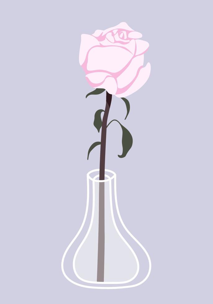 Glass vase with rose flower in it. Hand drawn floral illustration. Home decor concept. Modern flat drawing for logo, pattern, web and app design. vector