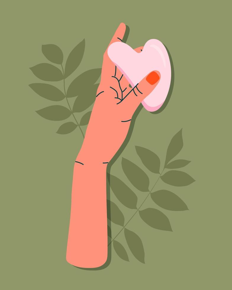 Gua sha face scraper for beauty procedure. Female hand holding beauty product. Skin care concept. Daily skin care routine and hygiene concept. Flat vector illustration.