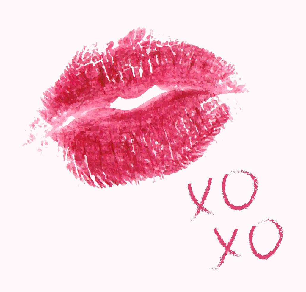 impresión romántica con texto xoxo. icono de labios modernos. frase xoxo y lápiz labial realista impreso aislado en blanco. diseño vectorial de moda para el día de san valentín o la boda vector