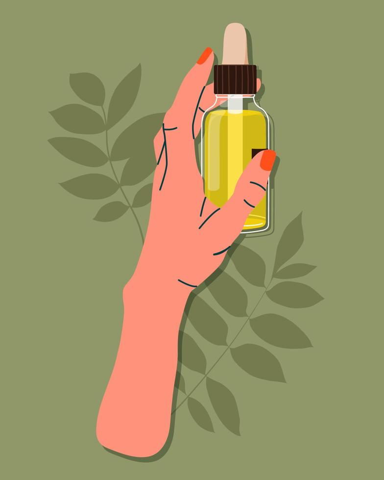 aceite facial gua sha para procedimiento de belleza. mano femenina que sostiene el producto de belleza. concepto de cuidado de la piel. rutina diaria de cuidado de la piel y concepto de higiene. ilustración vectorial plana. vector