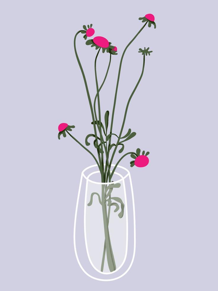 Glass vase with flowers and branch in it. Hand drawn floral illustration. Home decor concept. Modern flat drawing for logo, pattern, web and app design. vector