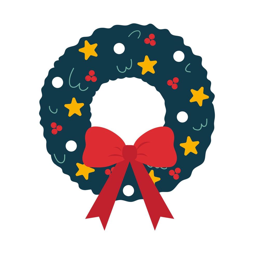 Christmas wreath with stars, berries and bow. vector