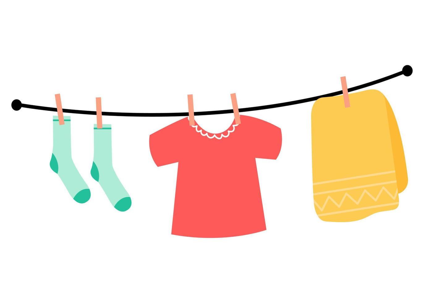 Flat clothesline with towel, tshirt and socks. vector