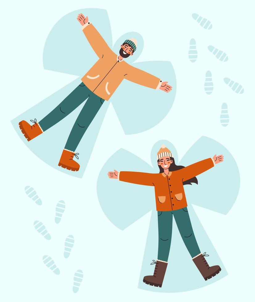 Young couple lying in snow on back and moving arms and legs. Smiling man and woman making snow angels. Winter entertainments concept. vector