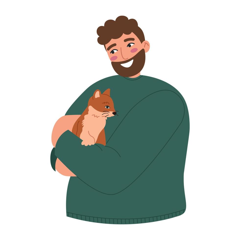Young man hugs a cat. Smiling pet owner loves his kitty. Happy Mew Year for Cats Day. vector