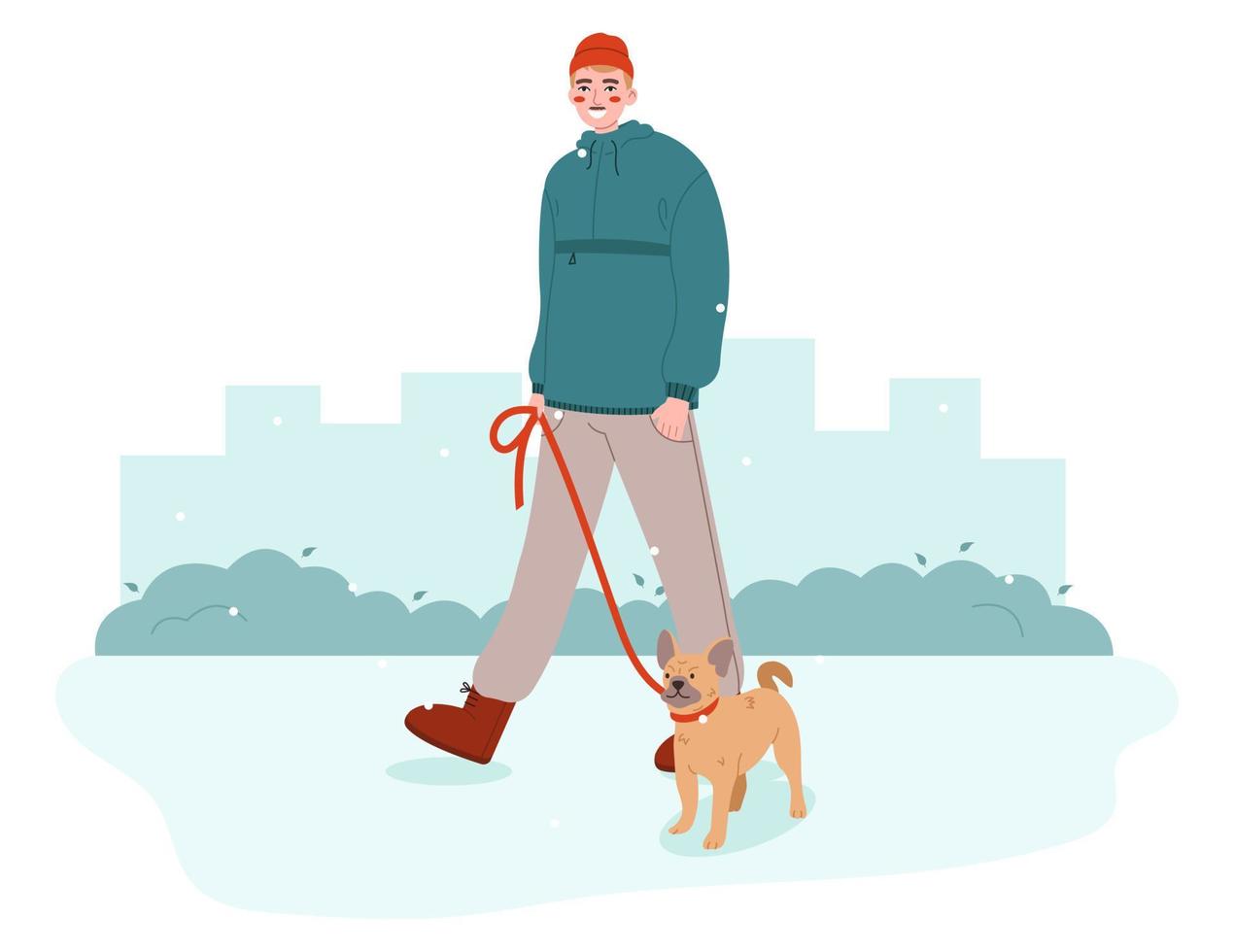 Young man walking with dog. Pet owner strolling with his dog on leash. Walk Your Dog Month concept. vector