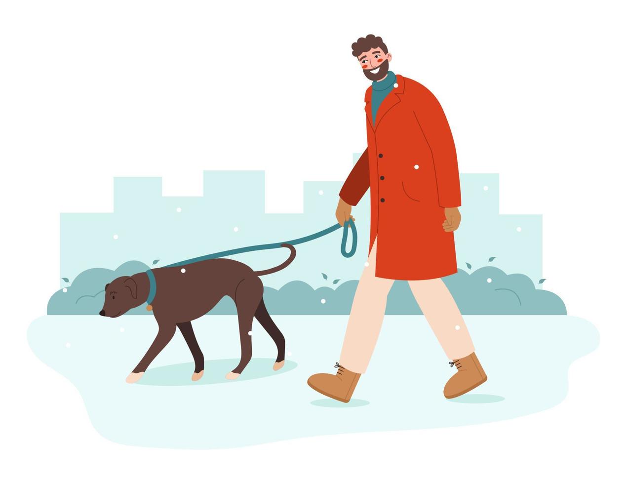 Young man walking with dog. Pet owner strolling with his dog on leash. Walk Your Dog Month concept. vector
