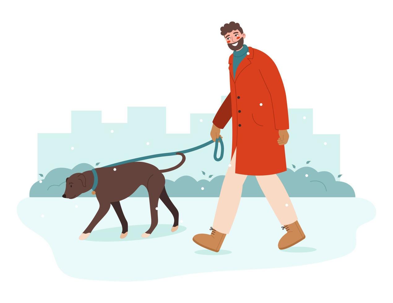 joven caminando con perro. dueño de una mascota paseando con su perro con correa. concepto del mes de pasear a tu perro. vector