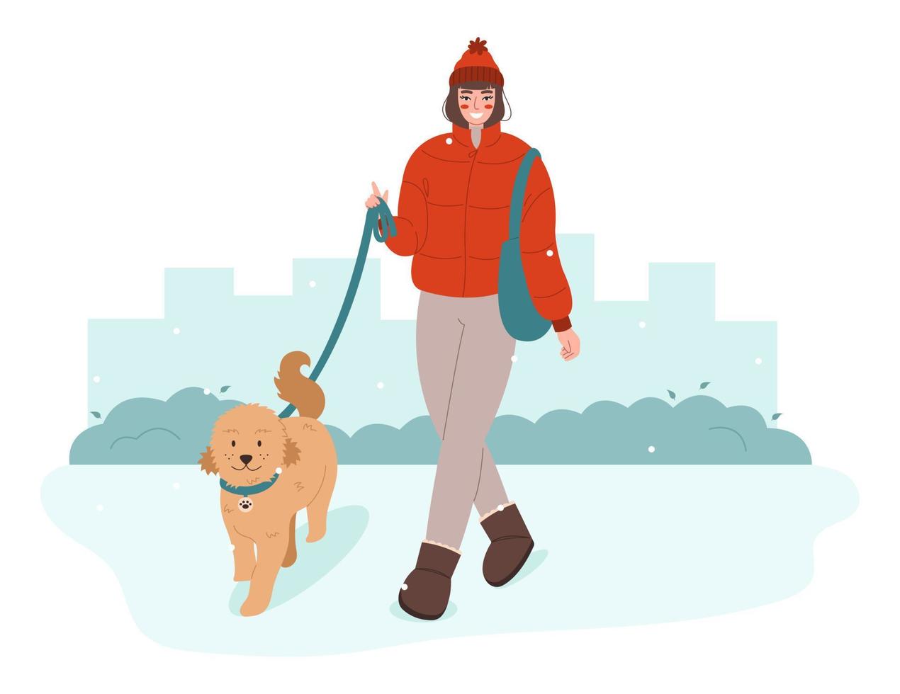 joven caminando con perro. dueño de una mascota paseando con su perro con correa. concepto del mes de pasear a tu perro. vector
