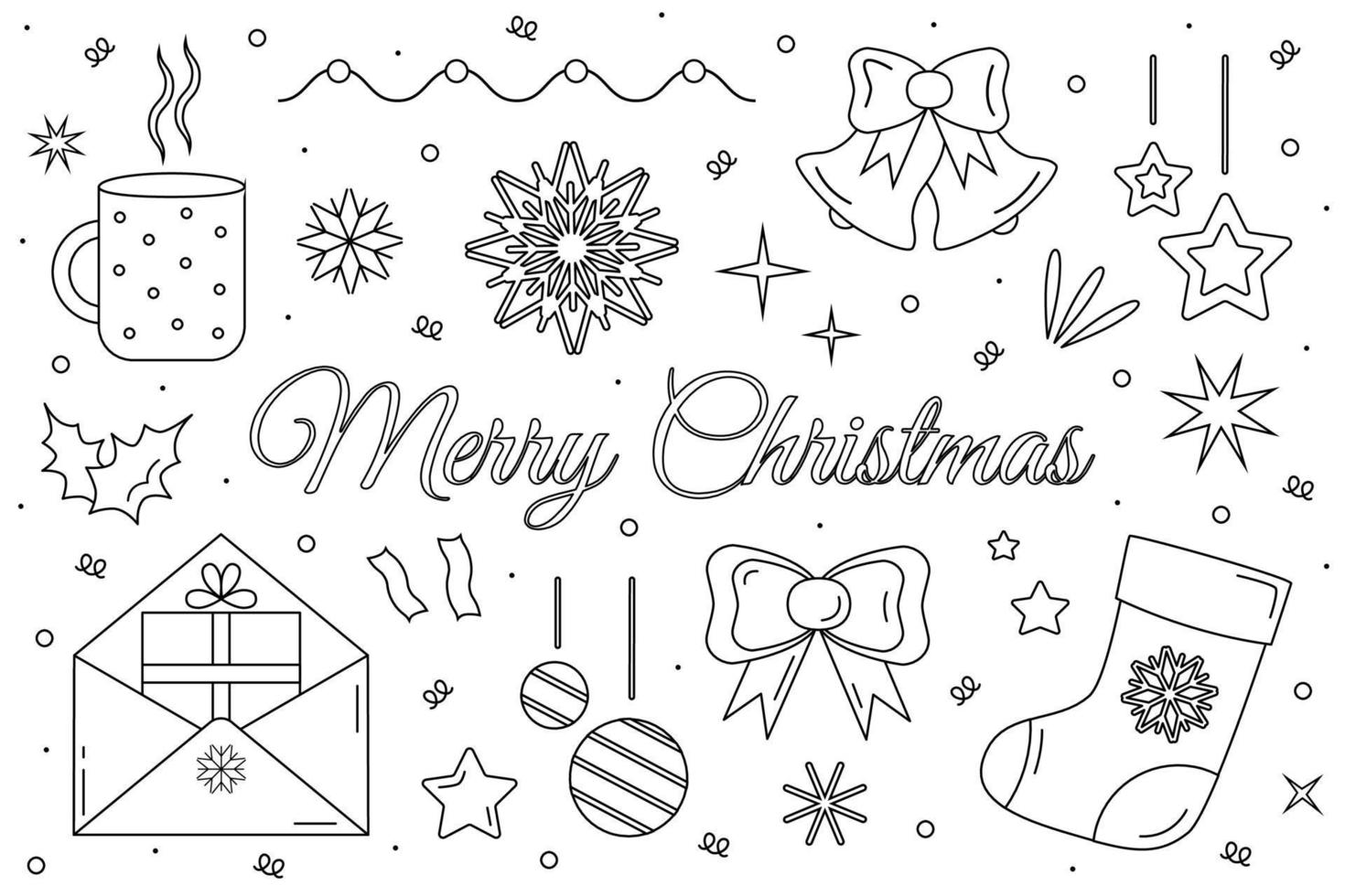 Christmas elements set. Drawing of New Year decorations. Merry Christmas design text. Isolated vector outline illustration.