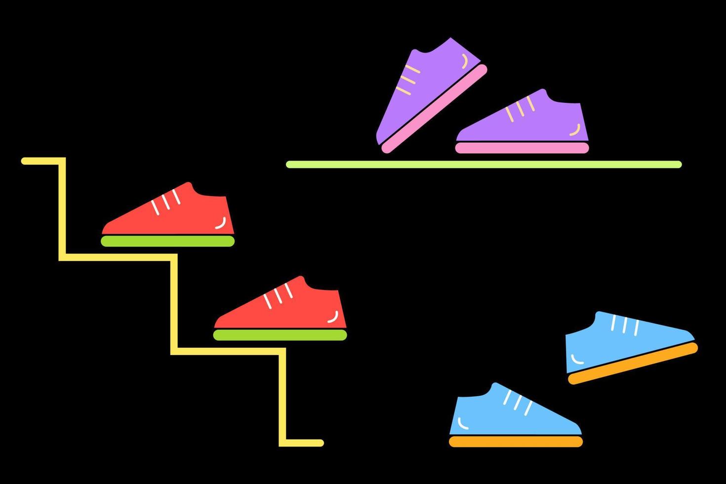 calzado en diferentes posiciones. ilustración vectorial de zapatillas de deporte. zapatos en colores de moda. vector