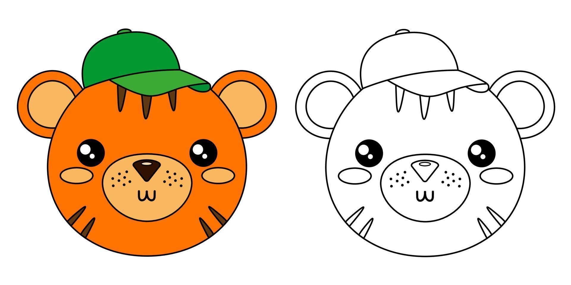 Little tiger. Vector illustration of cute baby tiger in baseball cap. Coloring page for kids.