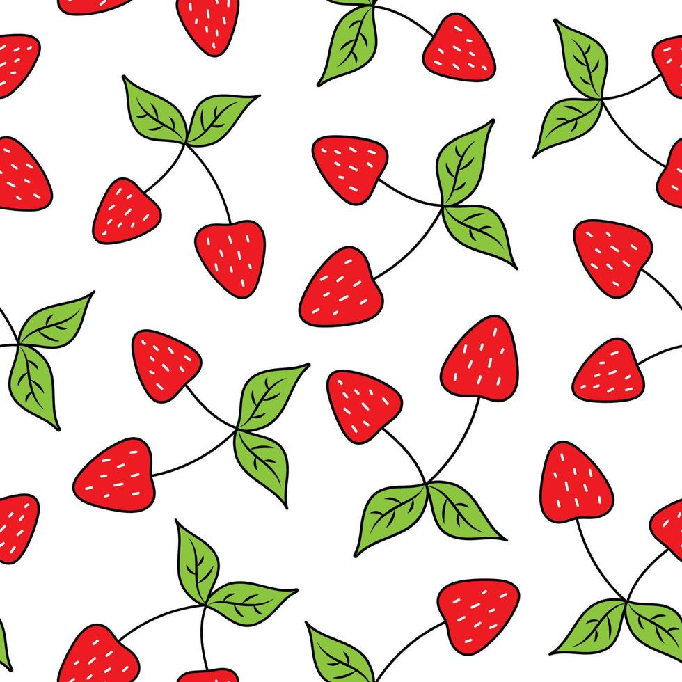 Seamless pattern with red berries. Vector illustration of strawberry and twig with leaves. Summer print of hand drawn strawberries.