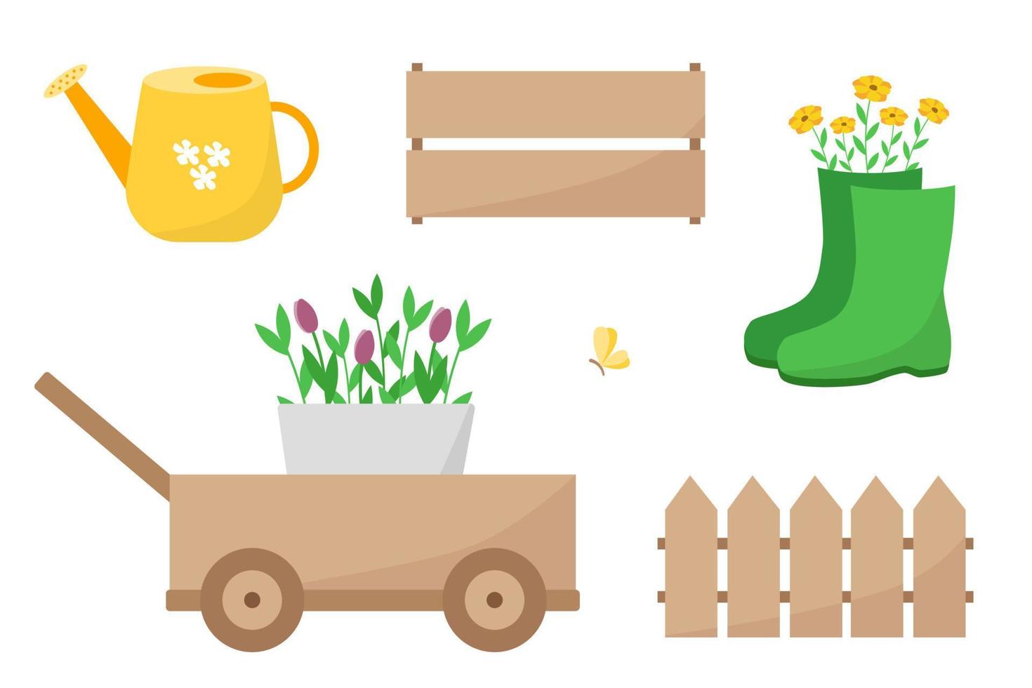 juego de jardín con carretilla, botas de goma, regadera, caja de madera y valla. ilustración vectorial del inventario del jardín con flores. vector