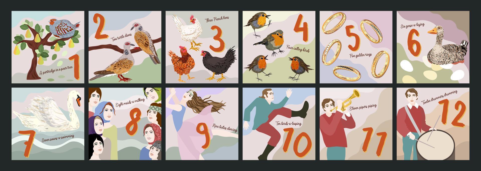 Twelve days of Christmas. Vector collection of images.