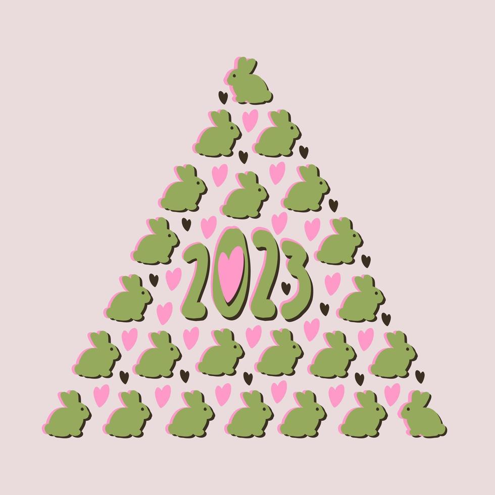 Happy New Year 2023. Christmas tree consisting of bunnies. vector
