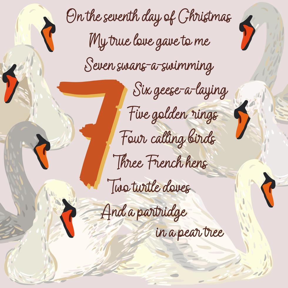 The twelve days of Christmas. Seventh day. Seven swans-a-swimming. vector