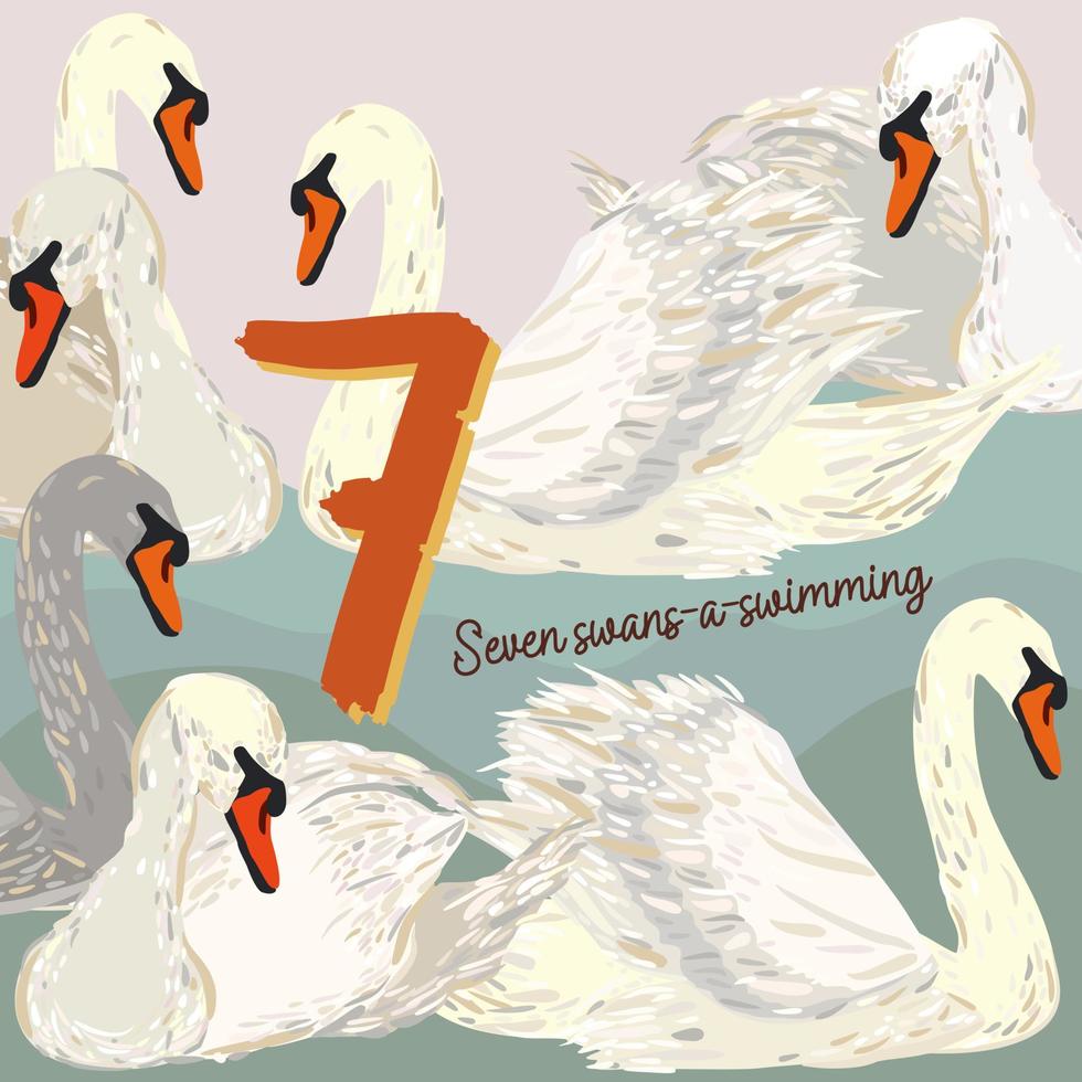 The twelve days of Christmas. Seventh day. Seven swans-a-swimming. vector