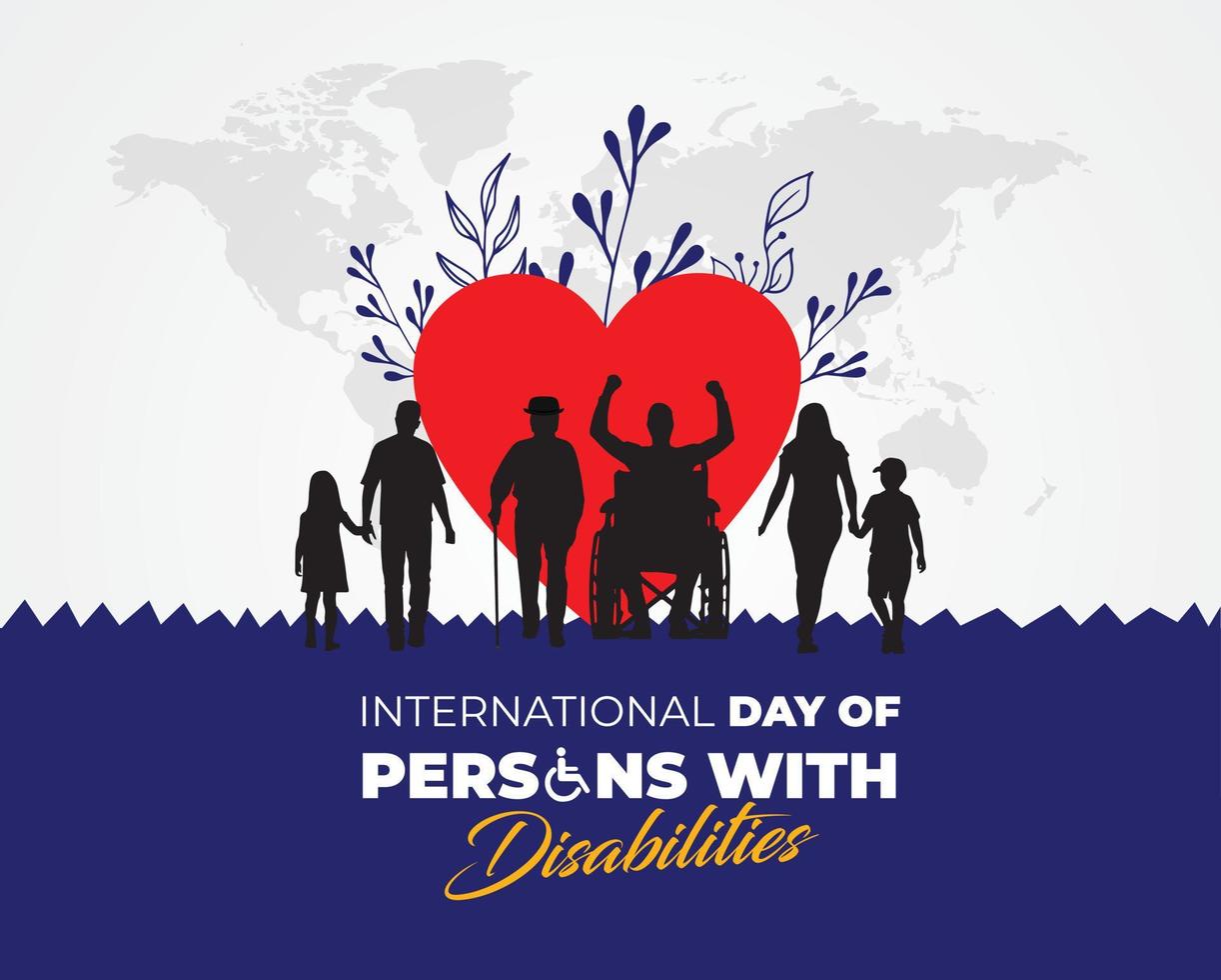 International Day of Persons with Disabilities. Men in wheel chair and man with prosthesis. Template for background, banner, card, poster. Vector illustration.