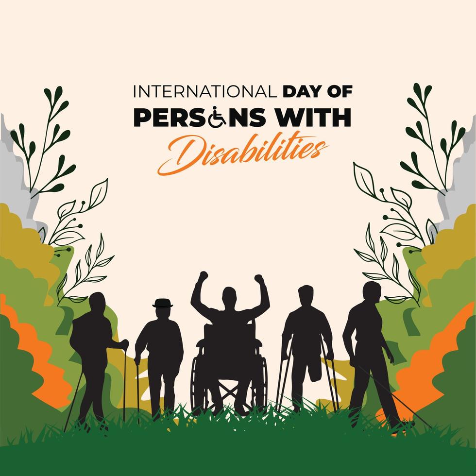 International Day of Persons with Disabilities. Men in wheel chair and man with prosthesis. Template for background, banner, card, poster. Vector illustration.