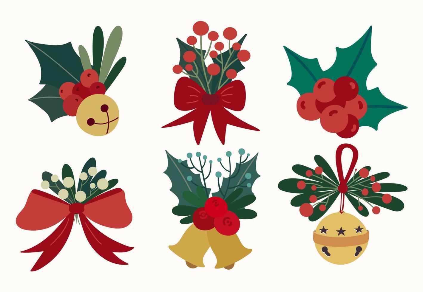 Christmas decor set. Winter bouquets with golden bells, red bows, holly leaves and berries. vector