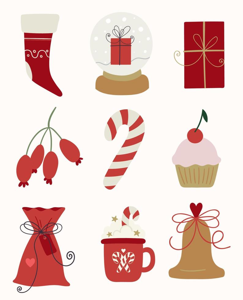 conjunto de vacaciones de navidad. campana de oro, bayas rojas, caja de regalo, cupcake de cereza, bola de nieve, piruleta, bolsa de regalo, taza de cacao y calcetín de regalo. linda decoración de vacaciones de invierno. vector