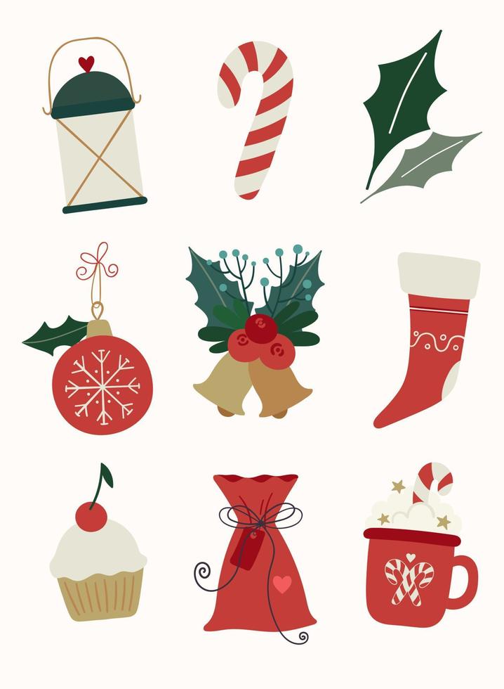 Christmas holiday set. Fancy winter doodle elements. Vintage lantern, candy stick, holly leaves, glass ball, jingle bells, red sock, cupcake, gift bag and mug with hot chocolate and marshmallows. vector