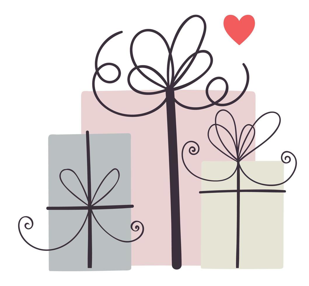 Three gift boxes with ribbons with a small red heart vector