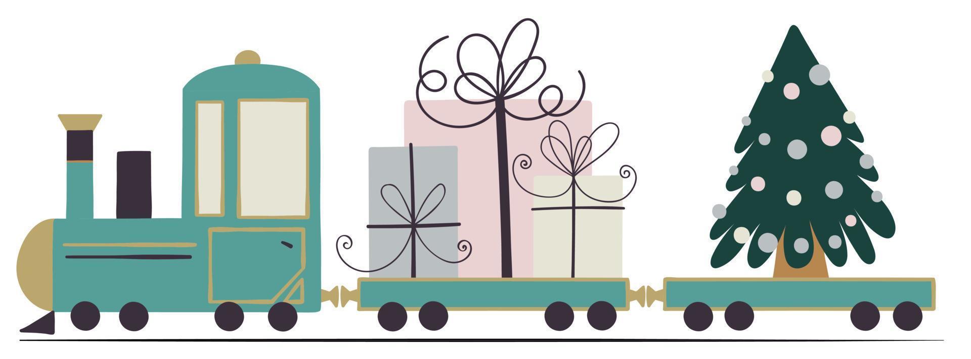 tren de juguete azul con lindas cajas de regalo y árbol de navidad con decoración. vector