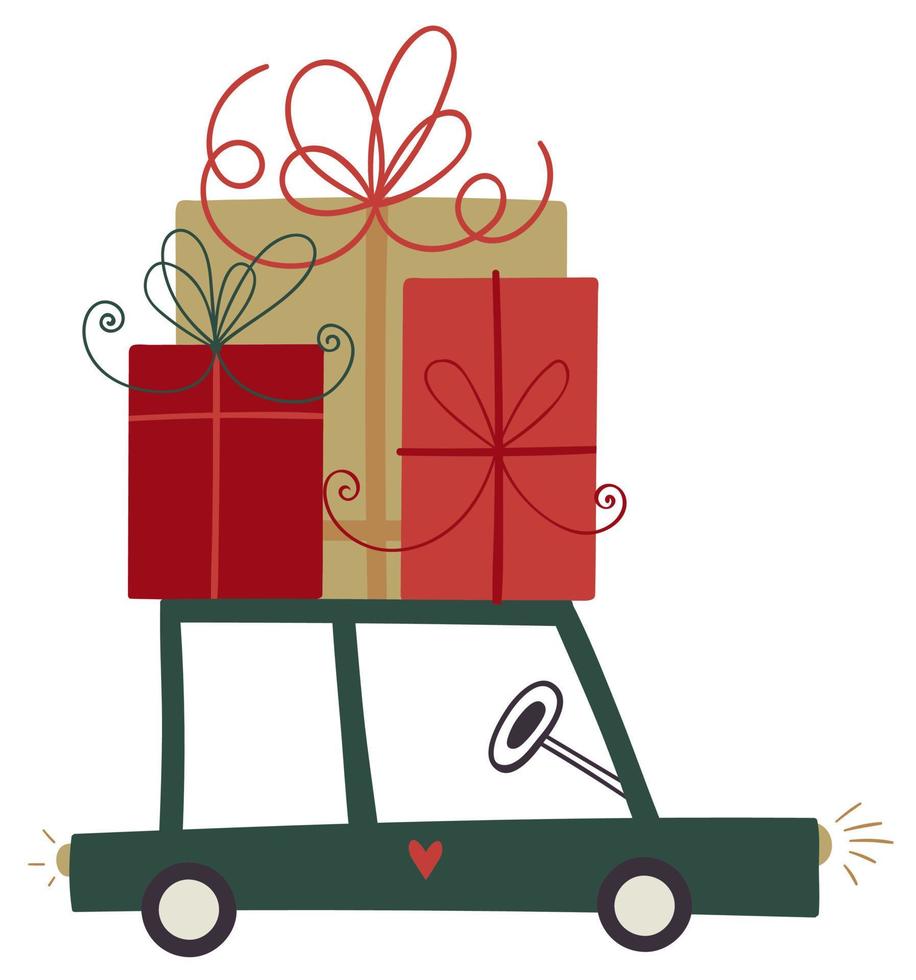 Green auto with gift boxes. Car loaded with gifts on the roof. Christmas presents. vector
