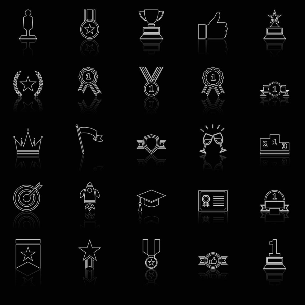 Success line icons with reflect on black background vector
