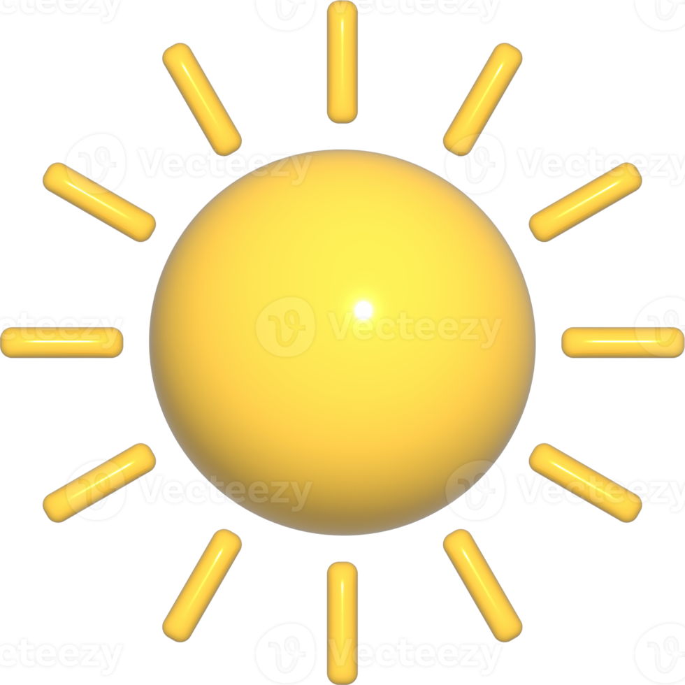 3D sun yellow icon. 3d weather element isolated on a white background. Climate concept - soft cotton cartoon fluffy cloud. Render plastic shapes illustration. png