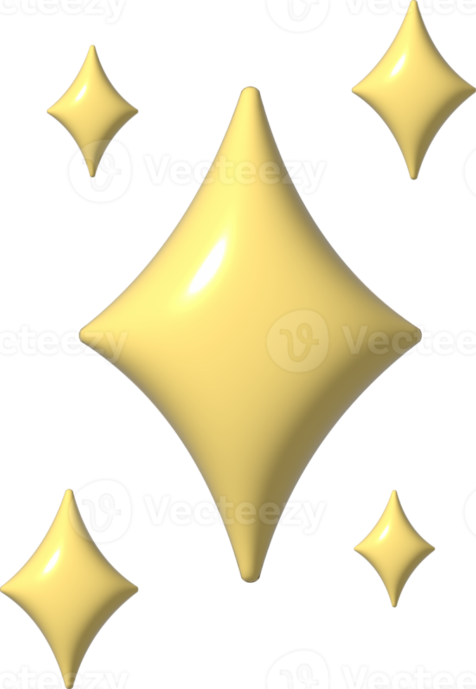 3D yellow star sparkle icon. Holiday element sparkles symbols. Magic shiny flash, bright firework. Realistic glossy plastic 3d render design illustration for social media or decoration. png