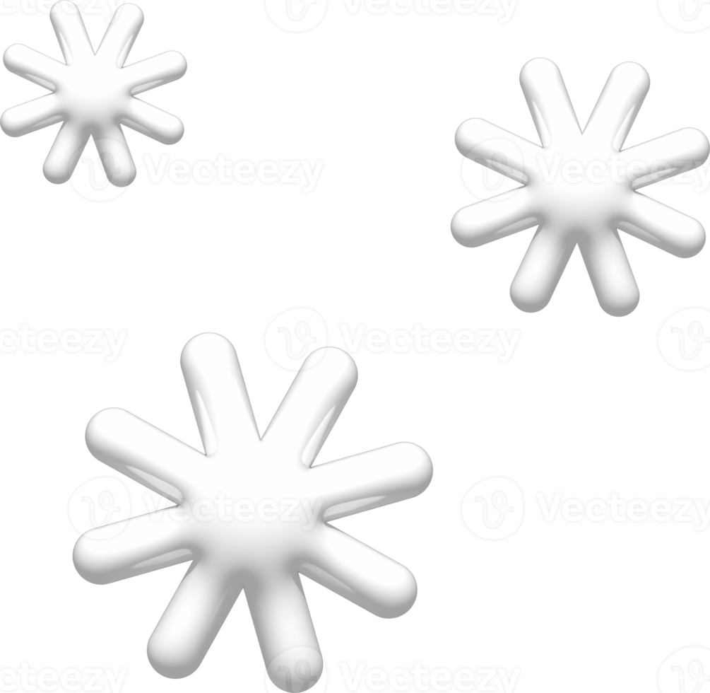 3D white snowflakes icon. 3d snow weather element isolated on white background. Realistic glossy plastic 3d render design illustration for forecast, social media or Christmas decoration. png