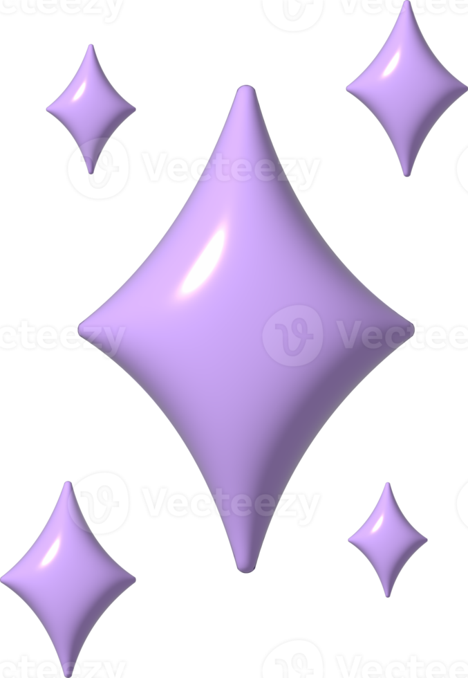 3D purple stars sparkle icon. Holiday element sparkles symbols. Magic shiny flash, bright firework. Realistic glossy plastic 3d render design illustration for social media or decoration. png