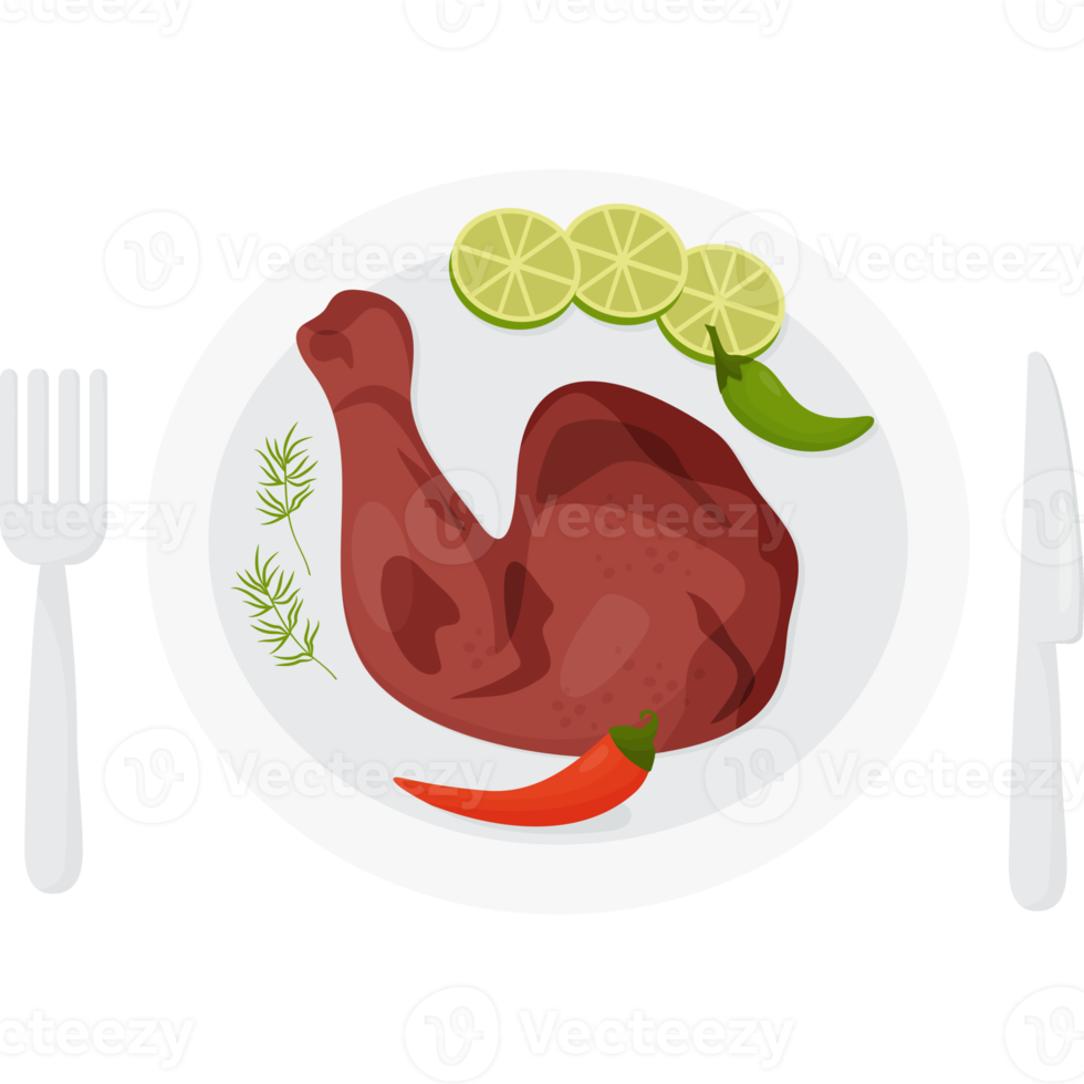 Mexican food Grilled Chicken on plate with fork and knife png