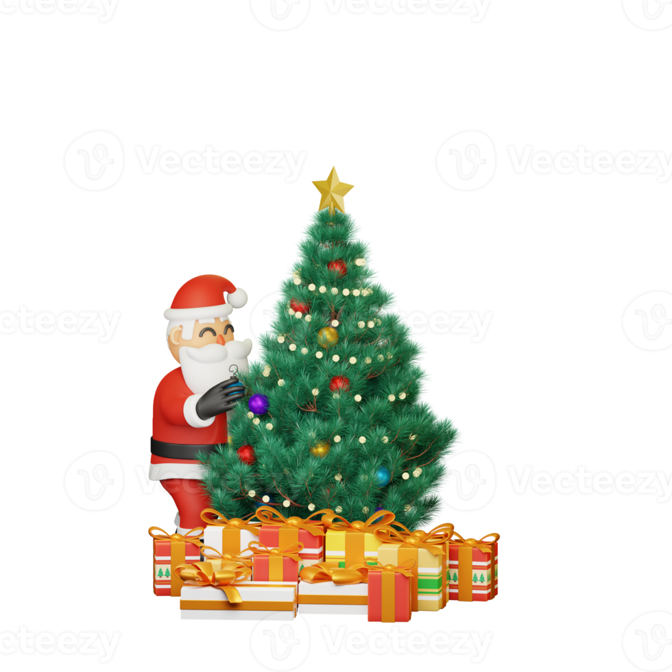 3d rendering of santa decorating a christmas tree png