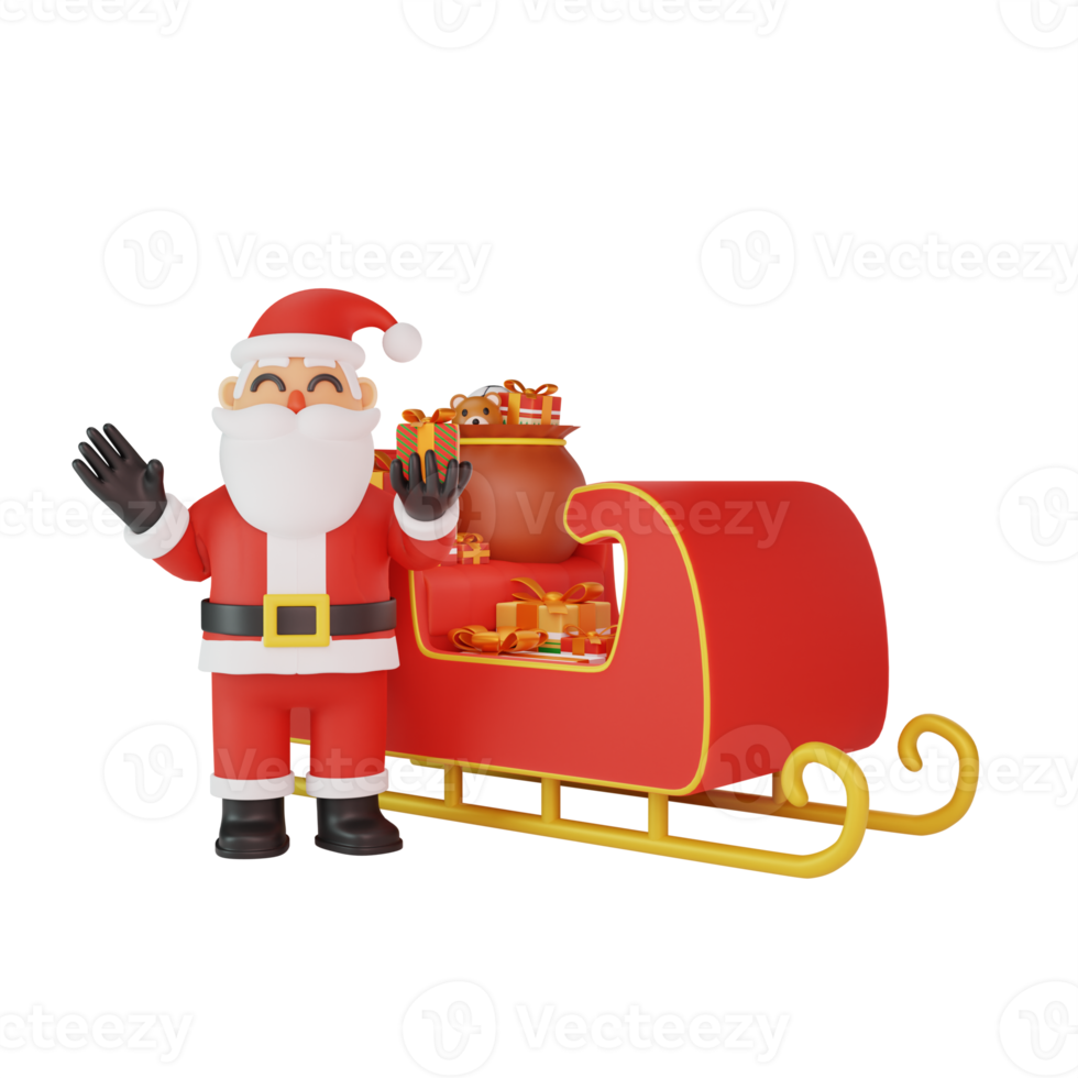 3D-Darstellung der Weihnachtsmann-Pose vor einem mit Geschenken gefüllten Schlitten png