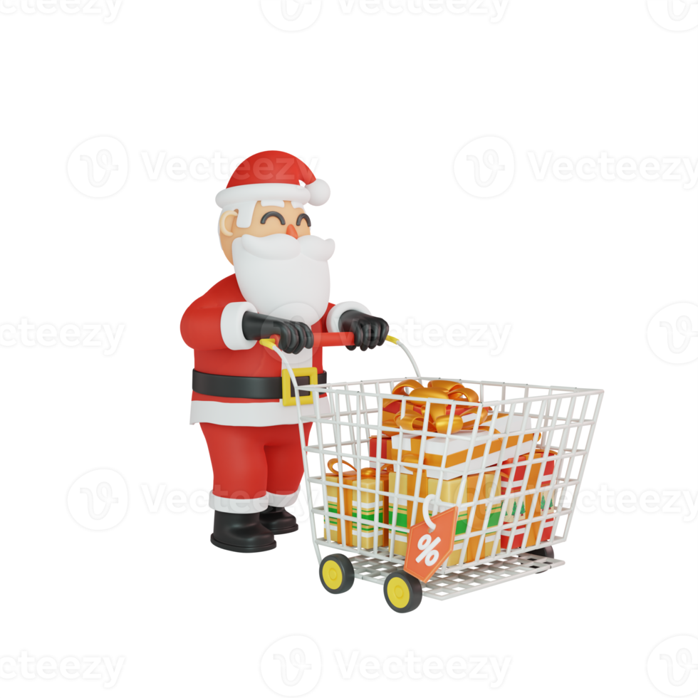 3d rendering of santa shopping for gifts on discount png