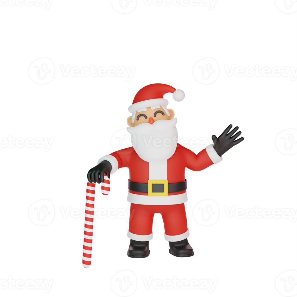 3d rendering of santa with a candy cane png