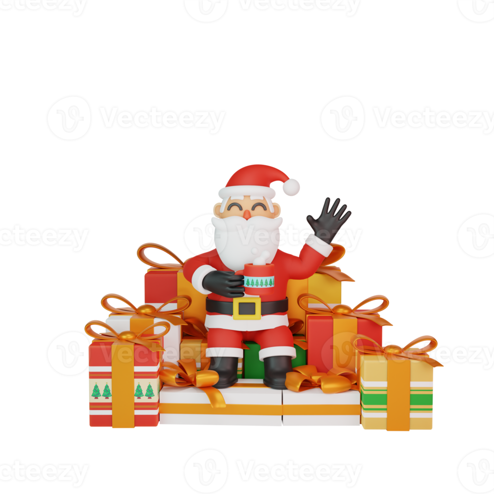 3d rendering of santa sitting relaxed surrounded by gifts png