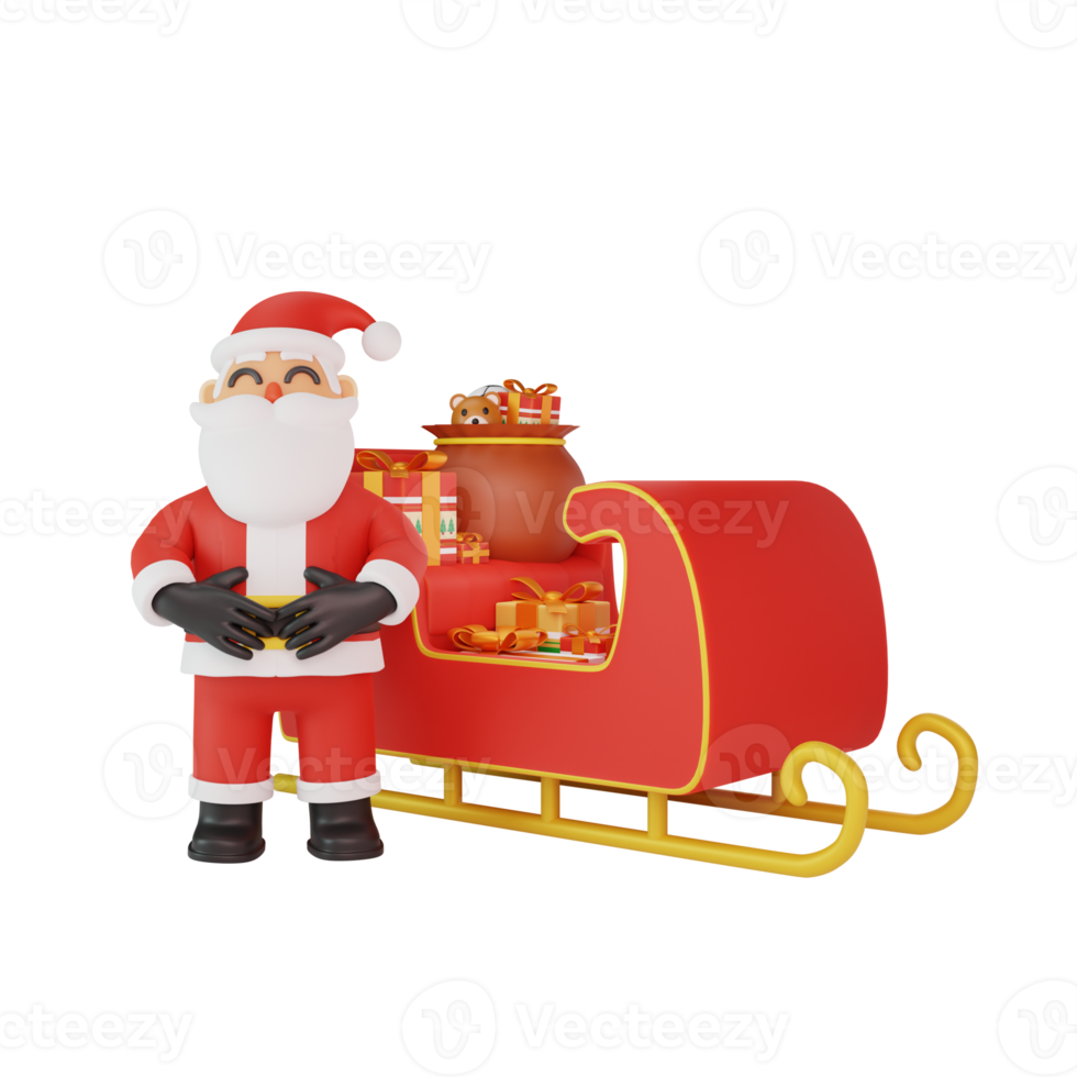 3d rendering of santa pose in front of a sleigh filled with gifts png