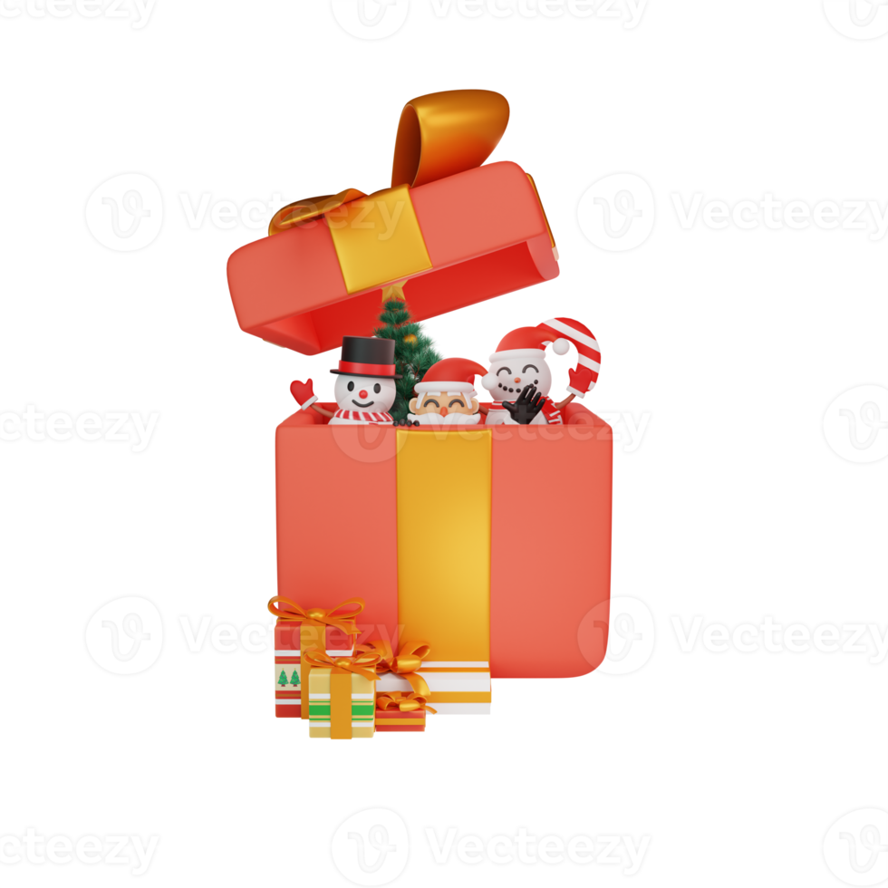 3d rendering of santa appearing in a big box with snowman png