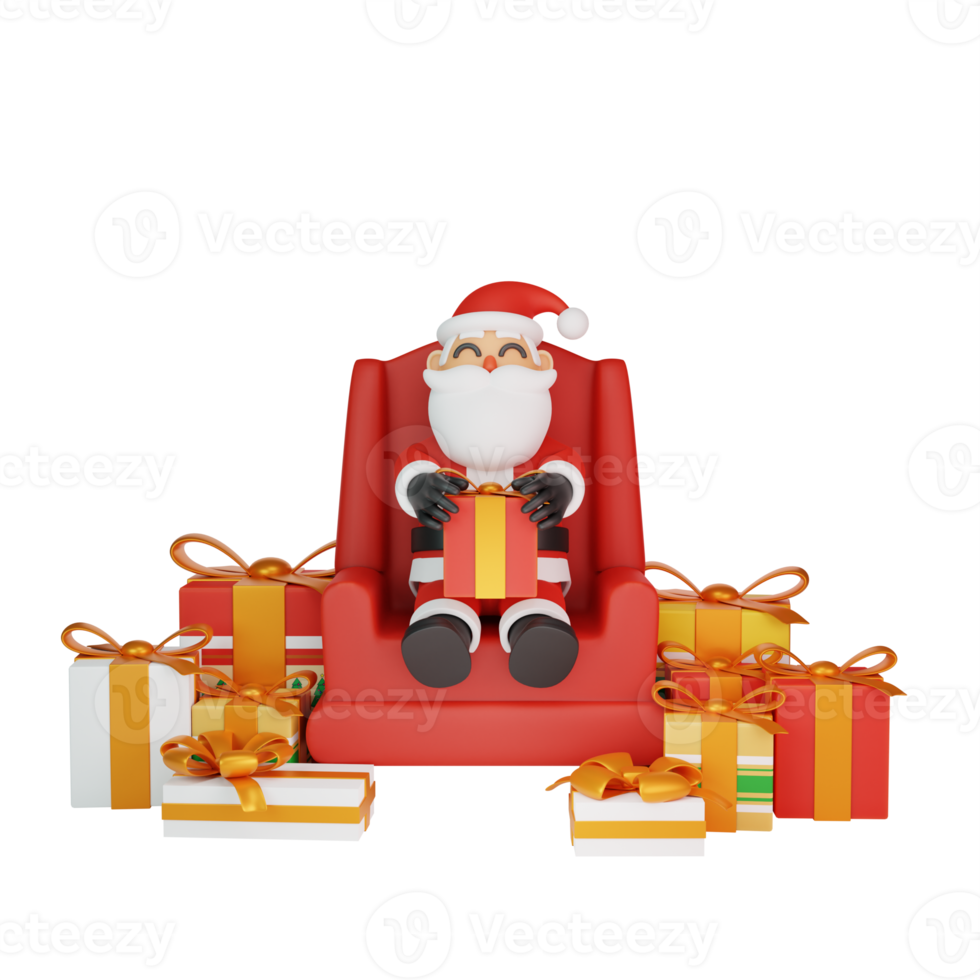 3d rendering of santa sitting relaxed surrounded by gifts png