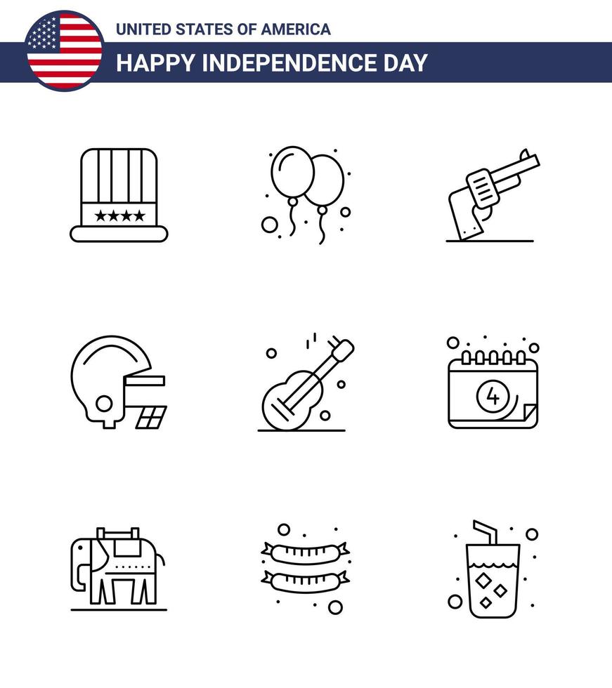 Set of 9 Vector Lines on 4th July USA Independence Day such as usa guiter gun helmet american Editable USA Day Vector Design Elements