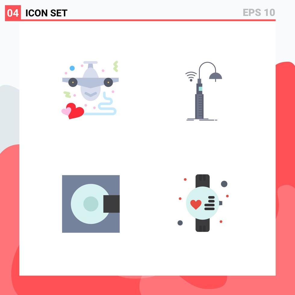 grupo de 4 iconos planos, signos y símbolos para tecnología de aviones, elementos de diseño de vectores editables de electrónica de la calle del corazón