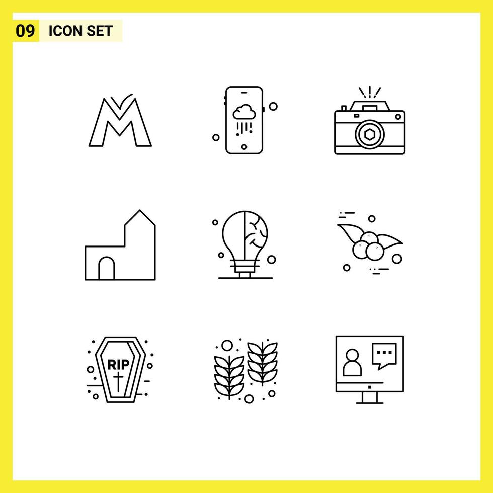 Modern Set of 9 Outlines and symbols such as bulb fortress photography castle tower castle Editable Vector Design Elements